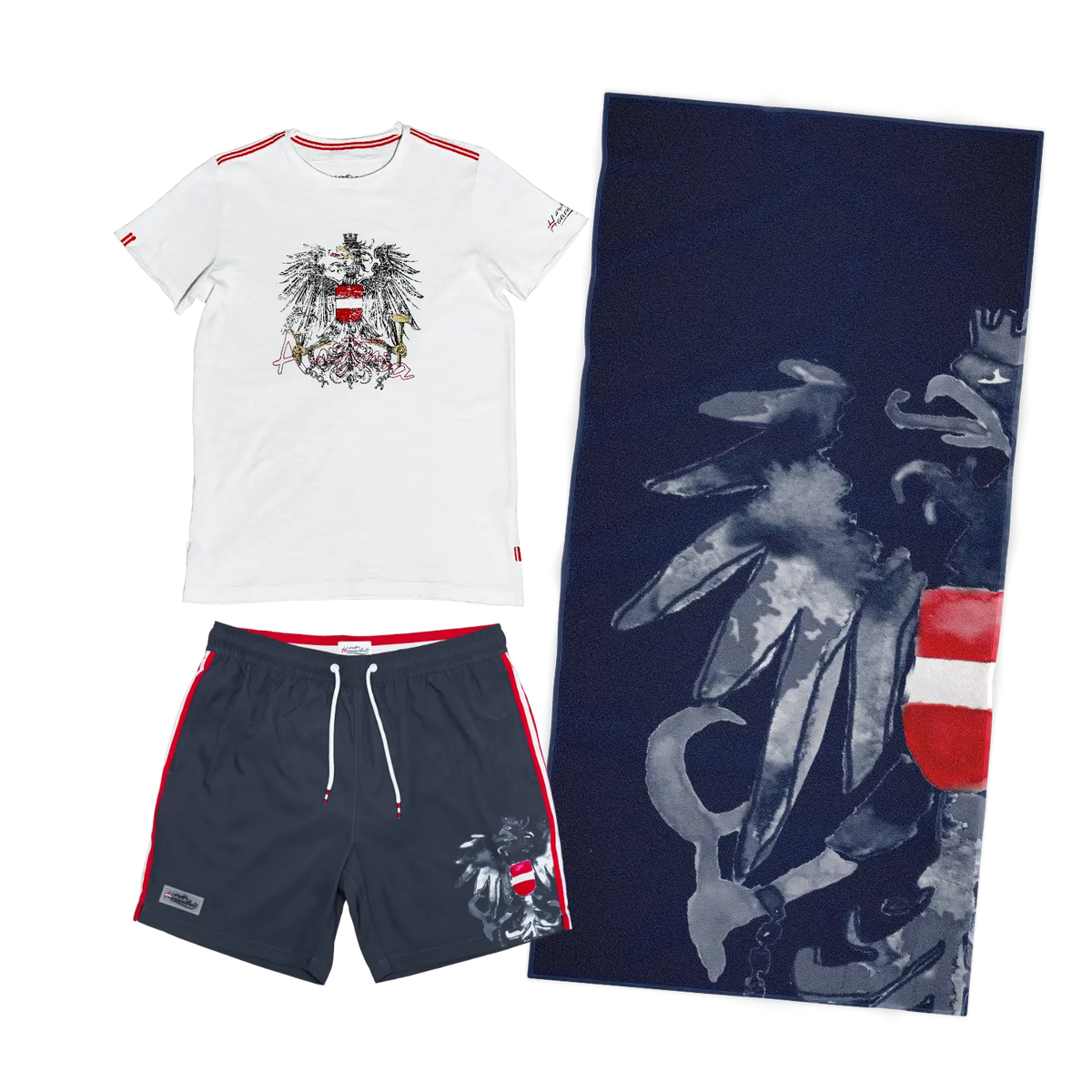 Geschenkpaket Badehose Badetuch T-Shirt dunkelblau