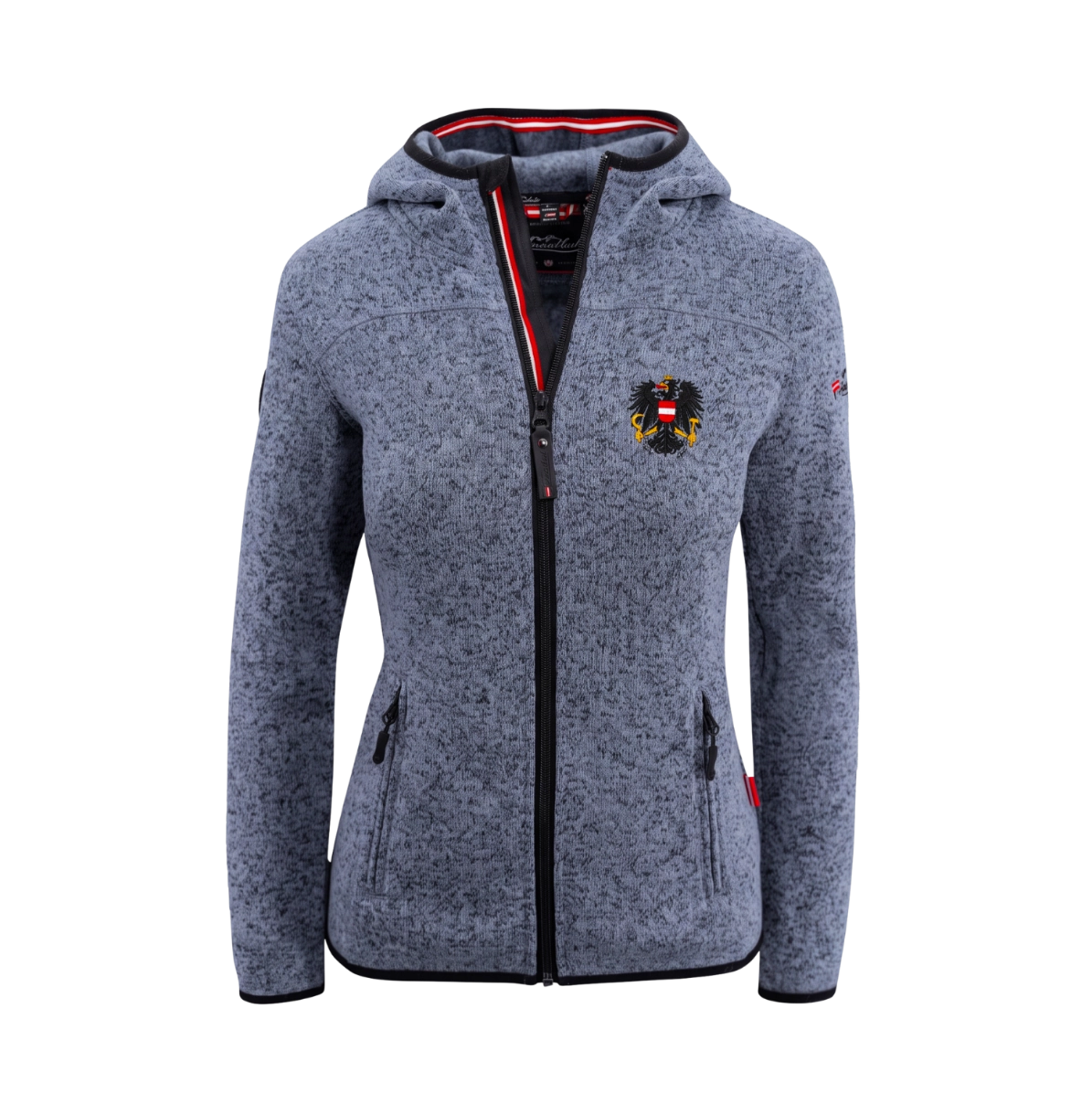 Österreich Strickfleece Jacke mit Kapuze Damen Blau #Farbe_Granit-Blau