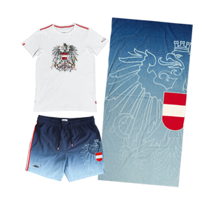 Sommer Kombo Badehose Badetuch T-Shirt dunkelblau #Farbe_Dunkelblau/Hellblau