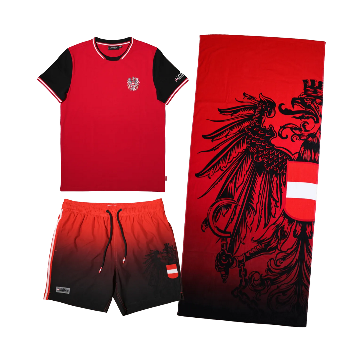 Sommer Kombo Badehose Badetuch T-Shirt rot #Farbe_Rot/Schwarz