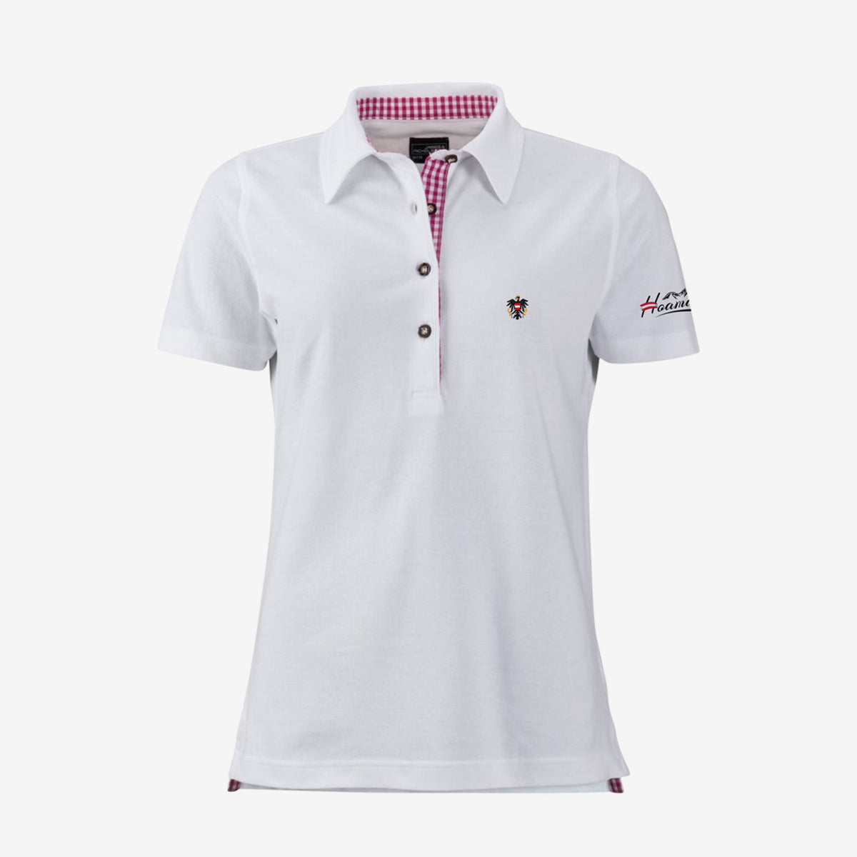 Pinkes Karo Trachtenpolo Damen #Farbe_Weiss-Rosa-Kariert