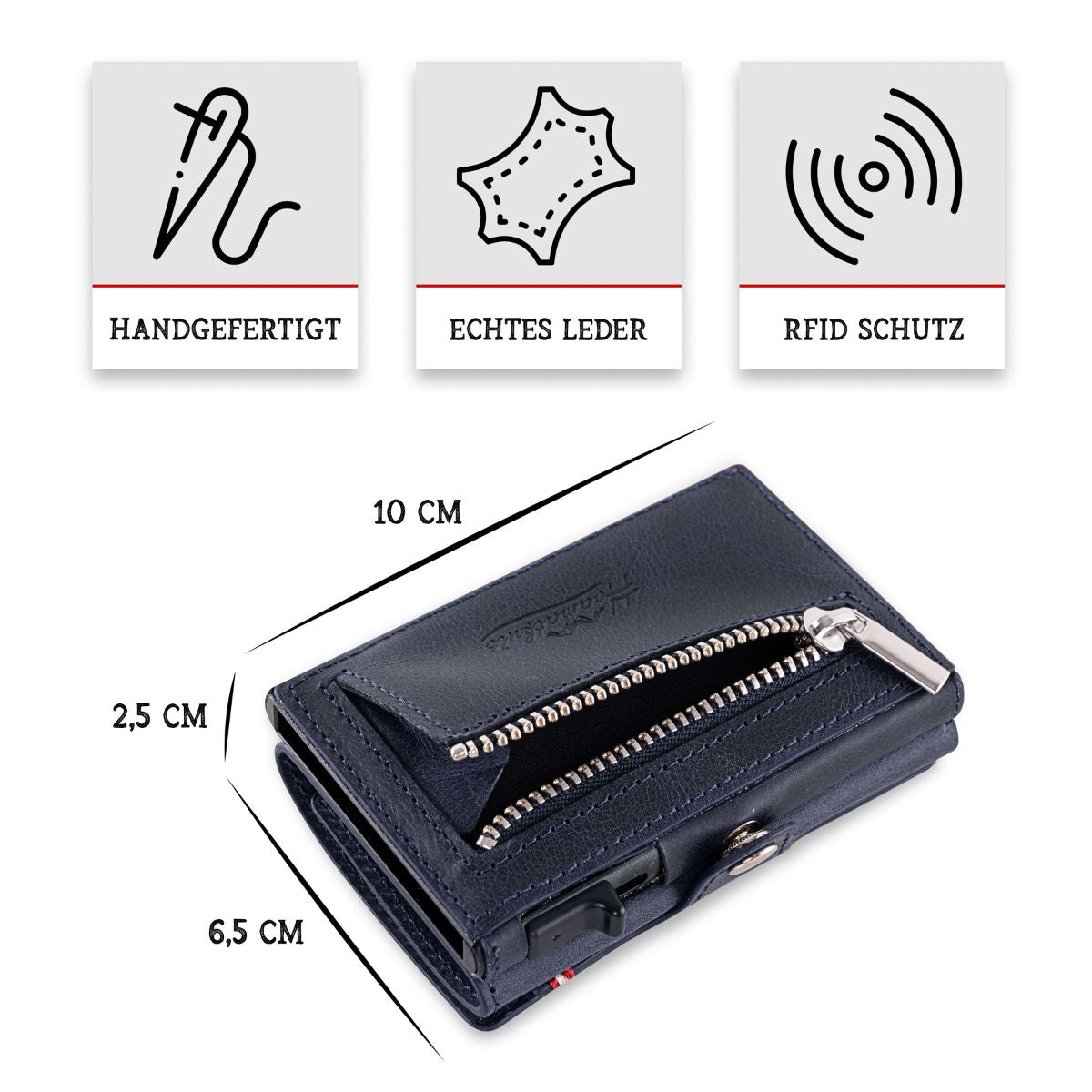 Adler Smart Wallet Trifold mit Karten-Pop-Up Funktion aus Echtleder - Dunkelblau