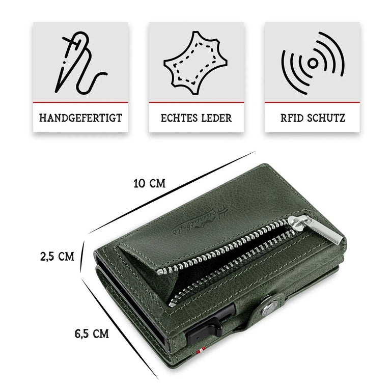 Adler Smart Wallet Trifold mit Karten-Pop-Up Funktion aus Echtleder - Dunkelgrün