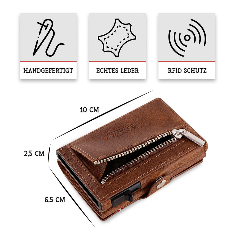 Adler Smart Wallet Trifold mit Karten-Pop-Up Funktion aus Echtleder - Klassik Braun
