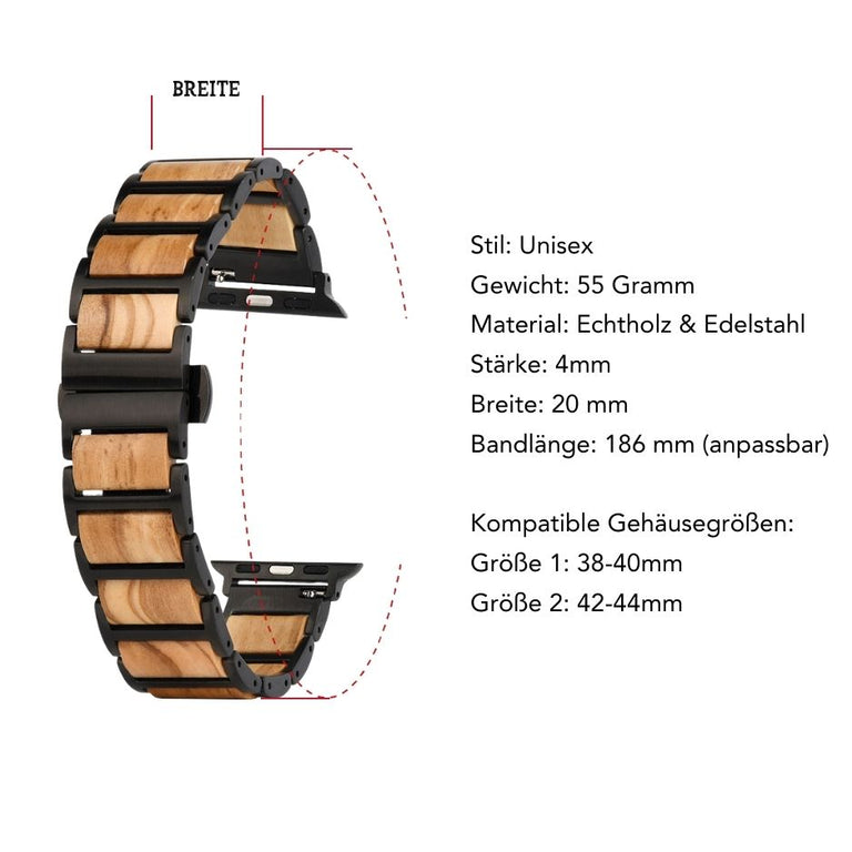 Armband für Apple Watch aus schwarzem Edelstahl & Olivenholz