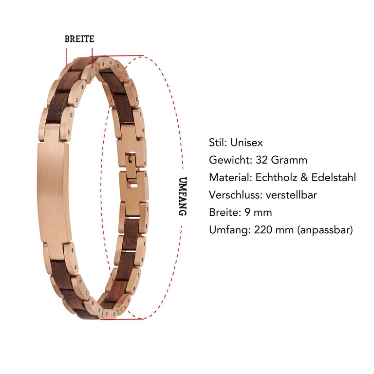 Elegantes Armband aus Edelstahl in Roségold & Walnussholz