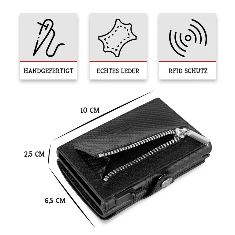 Adler Smart Wallet Trifold mit Karten-Pop-Up Funktion aus Echtleder - Carbon Schwarz