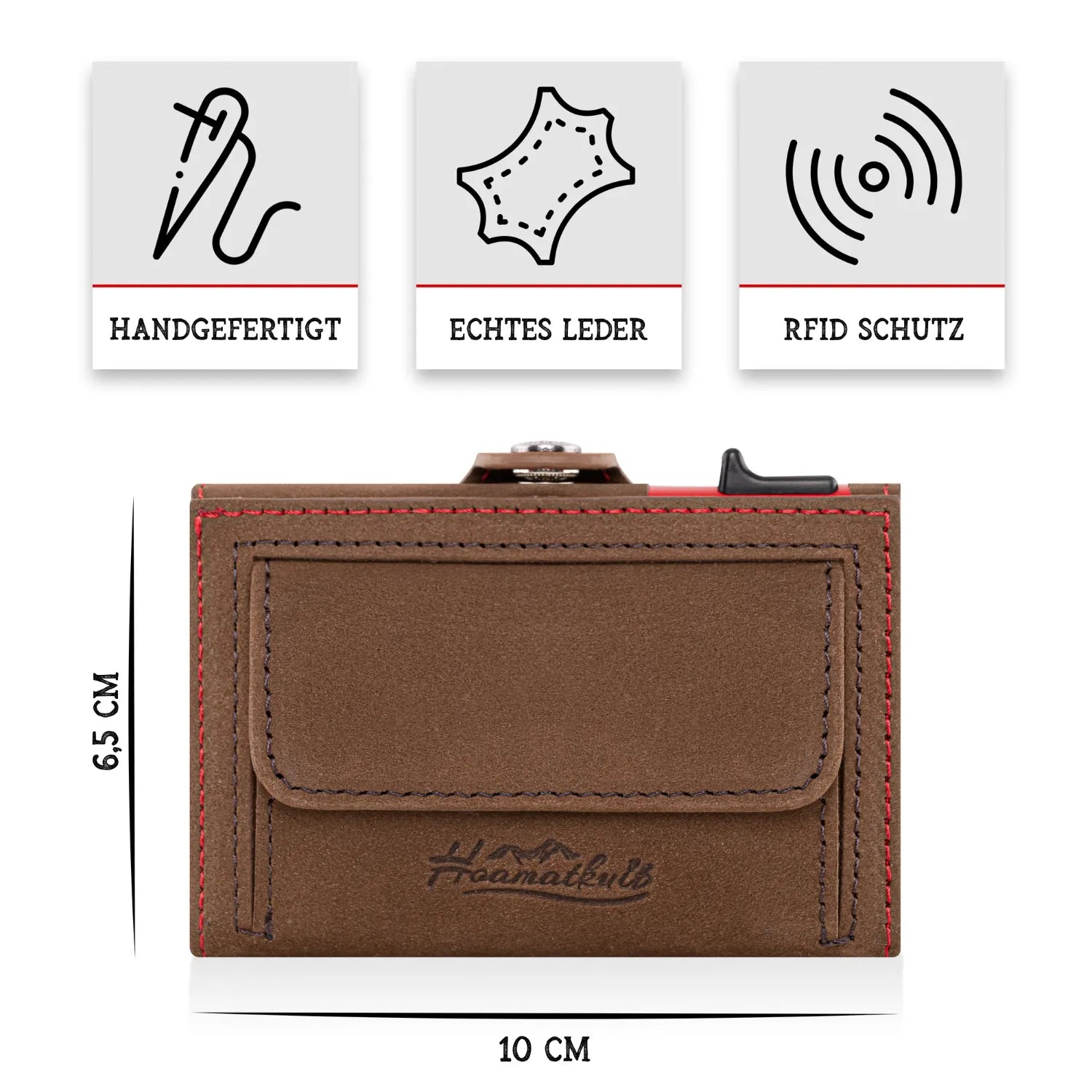 Adler Smart Wallet Trifold mit Karten-Pop-Up Funktion aus Echtleder - Vintage Braun Rot Kontrast