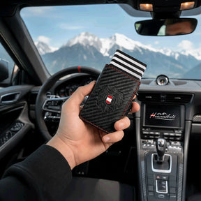 Adler Smart Wallet Trifold mit Karten-Pop-Up Funktion aus Echtleder - Carbon Schwarz