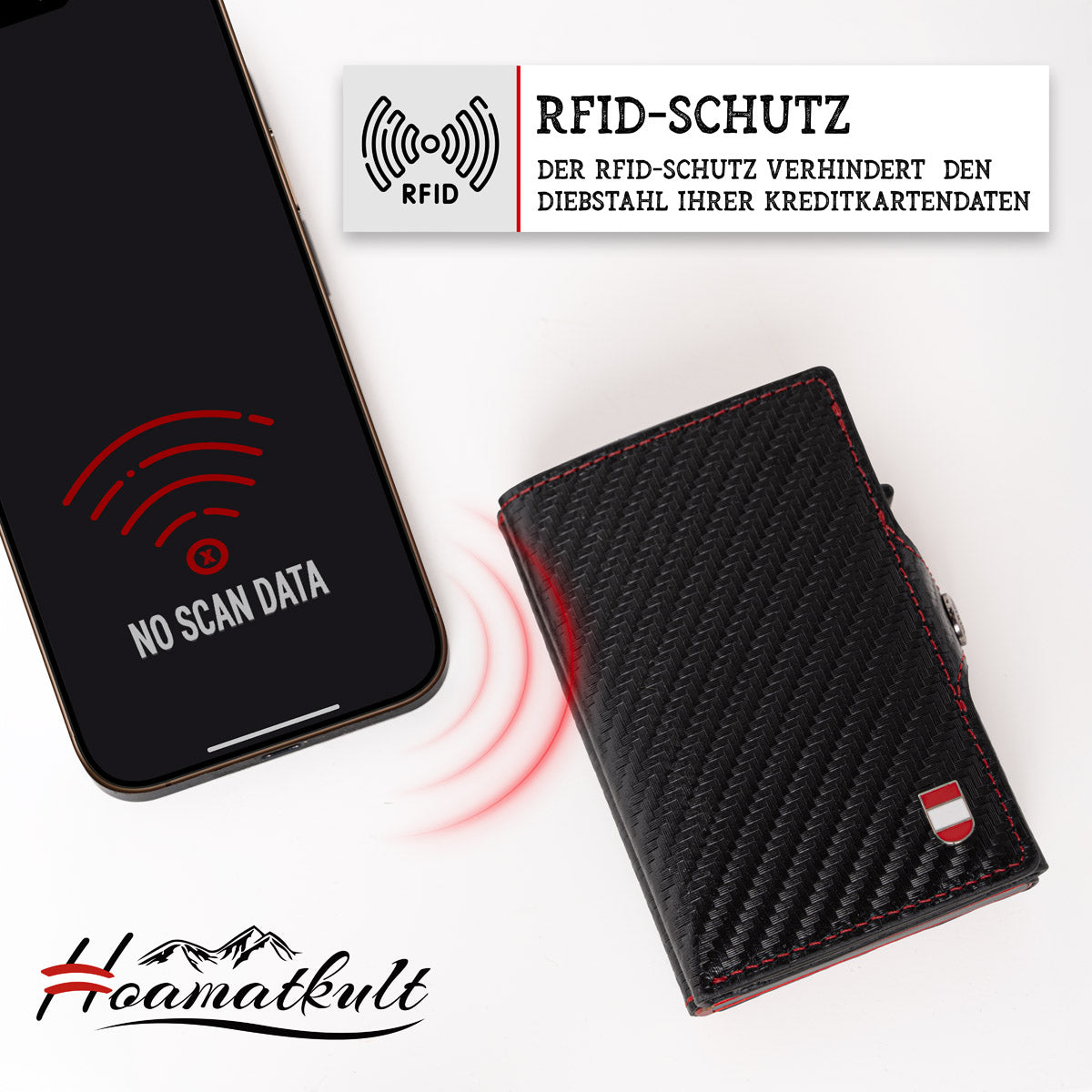 Österreich Smart Wallet Trifold mit Karten-Pop-Up Funktion aus Echtleder - Carbon Schwarz