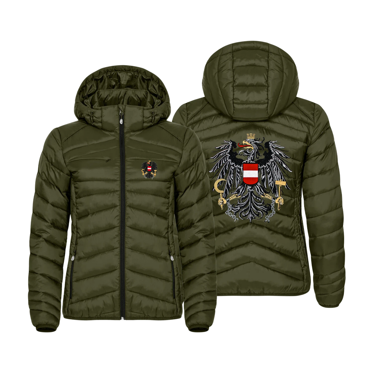 Daunenähnliche Steppjacke für Damen mit Österreich Stick #Farbe_Dunkelgrün