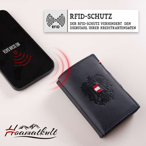 Adler Smart Wallet Trifold mit Karten-Pop-Up Funktion aus Echtleder - Dunkelblau