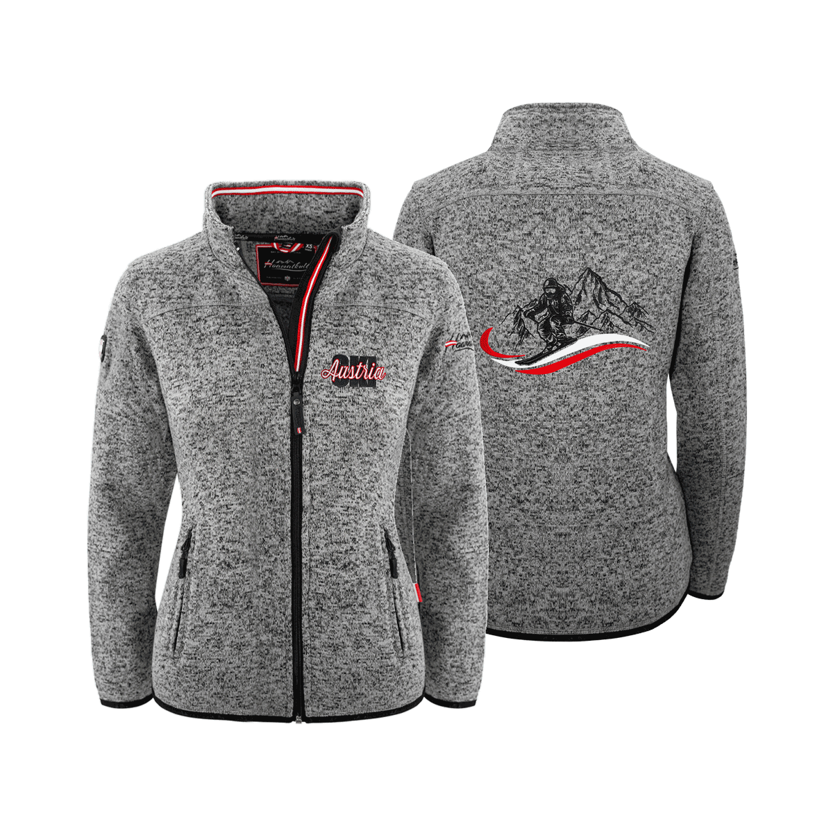 Dunkelgraue Kultjacke für Damen ohne Kapuze mit Ski Stickmotiv #Farbe_Dunkelgrau