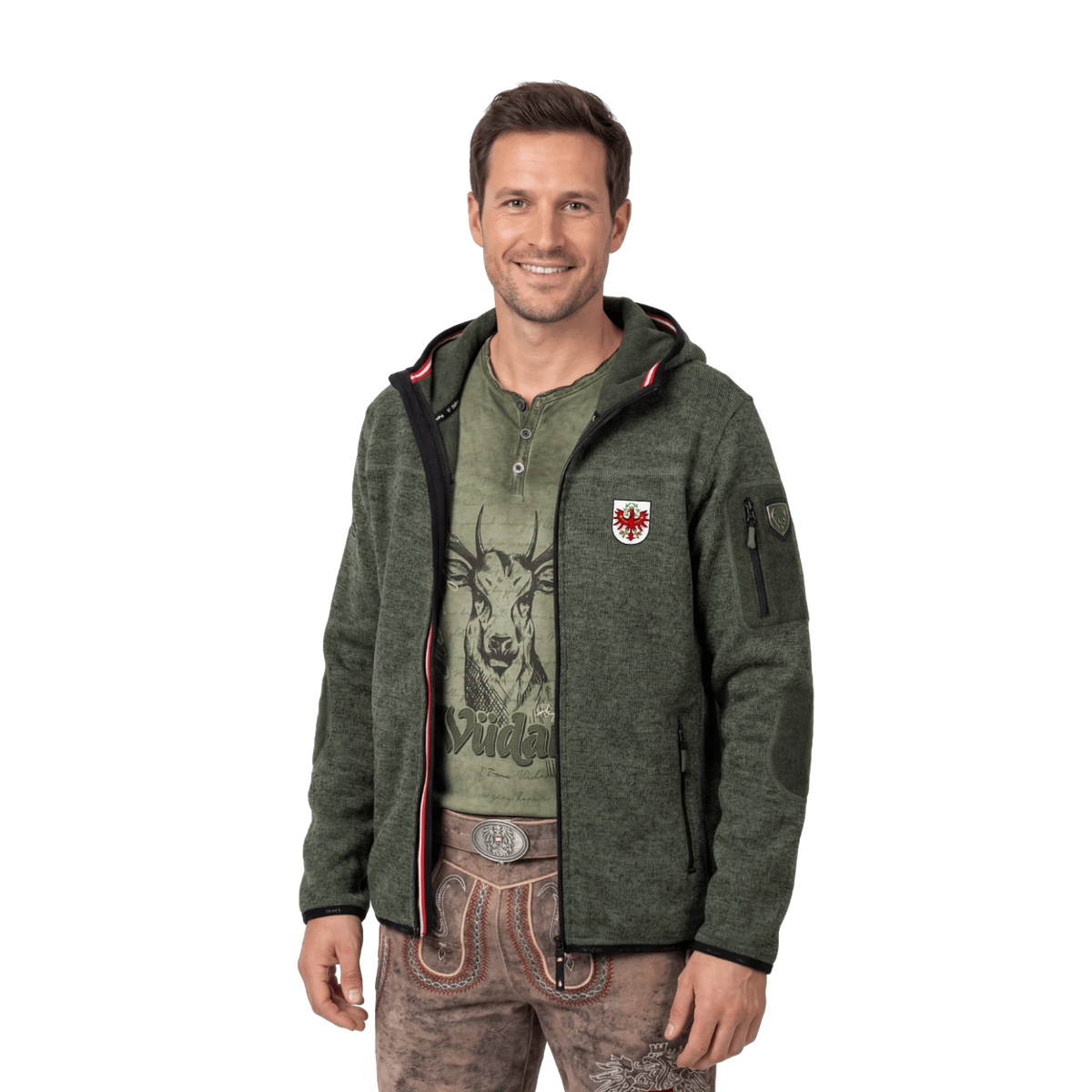 Dunkelgrüne Tirol Adler Strickfleece Jacke #Farbe_Dunkelgrün
