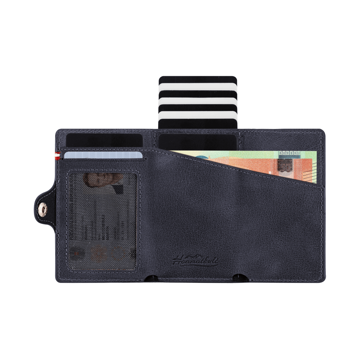 Adler Smart Wallet Trifold mit Karten-Pop-Up Funktion aus Echtleder - Dunkelblau