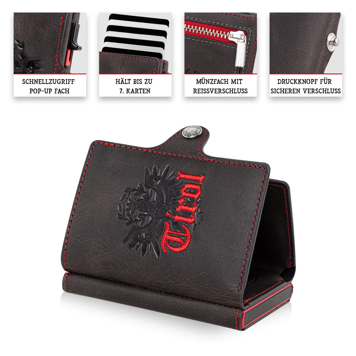 Tirol Smart Wallet Trifold mit Karten-Pop-Up Funktion aus Echtleder - Schwarz