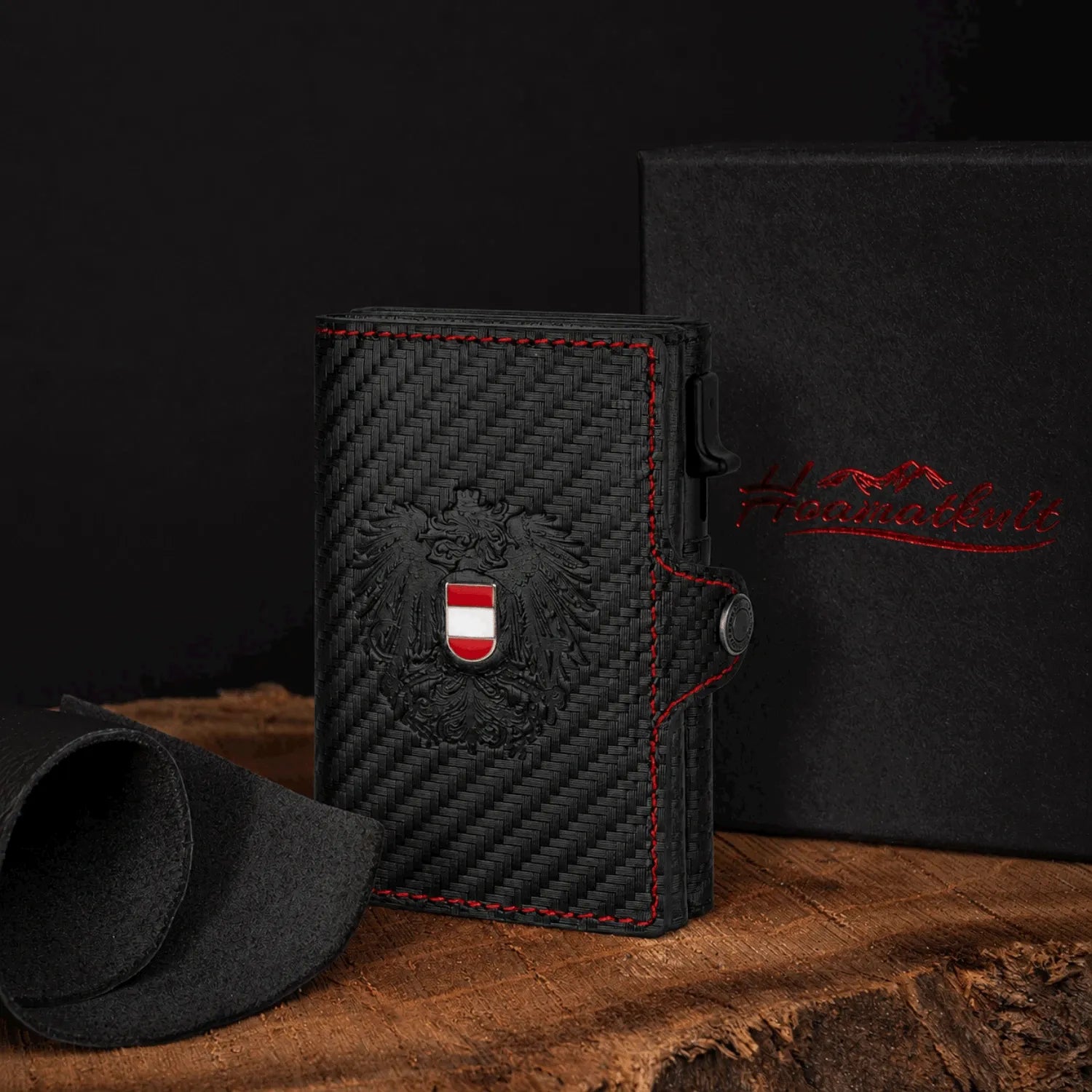Adler Smart Wallet Trifold mit Karten-Pop-Up Funktion aus Echtleder - Carbon Schwarz