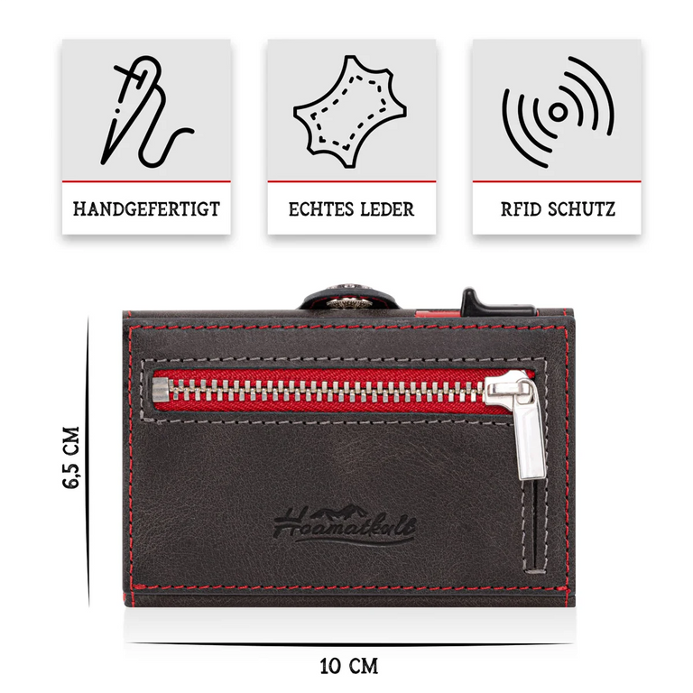 Adler Smart Wallet Trifold mit Karten-Pop-Up Funktion aus Echtleder - Schwarz Rot