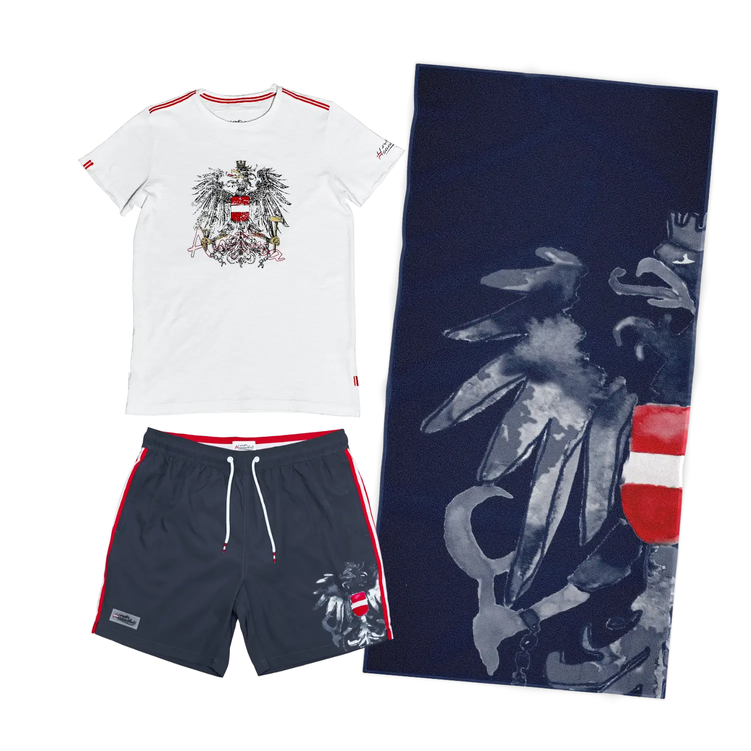 Geschenkpaket Badehose Badetuch T-Shirt dunkelblau