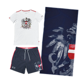 Geschenkpaket Badehose Badetuch T-Shirt dunkelblau