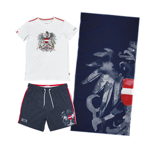 Geschenkpaket Badehose Badetuch T-Shirt dunkelblau