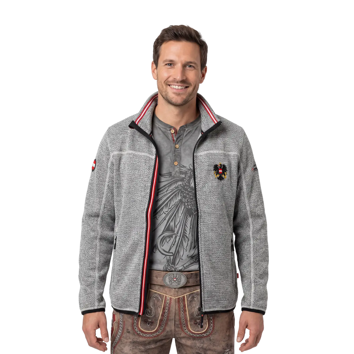 Hellgraue Trachten Fleece Jacke für Herren Österreich Adler #Farbe_Grau-Strick