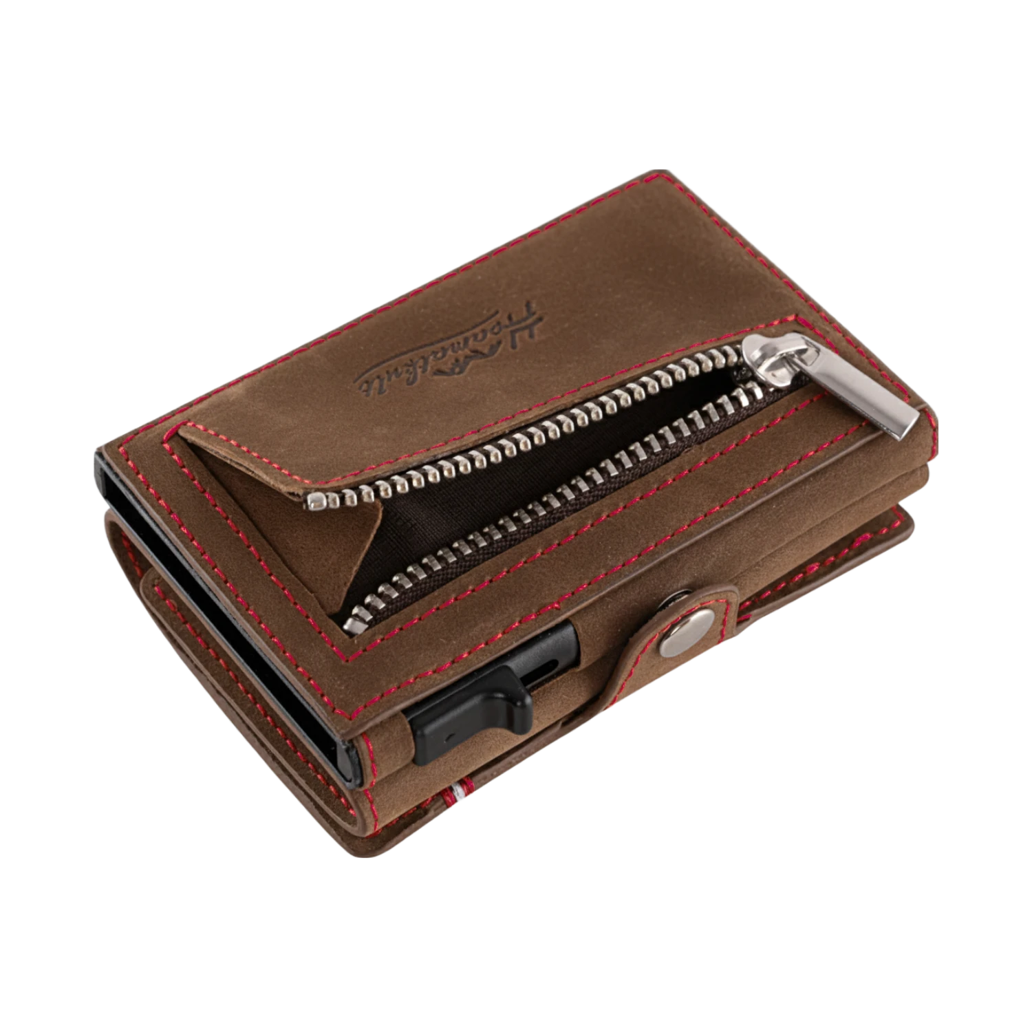 Adler Smart Wallet Trifold mit Karten-Pop-Up Funktion aus Echtleder - Vintage Braun Rot Kontrast