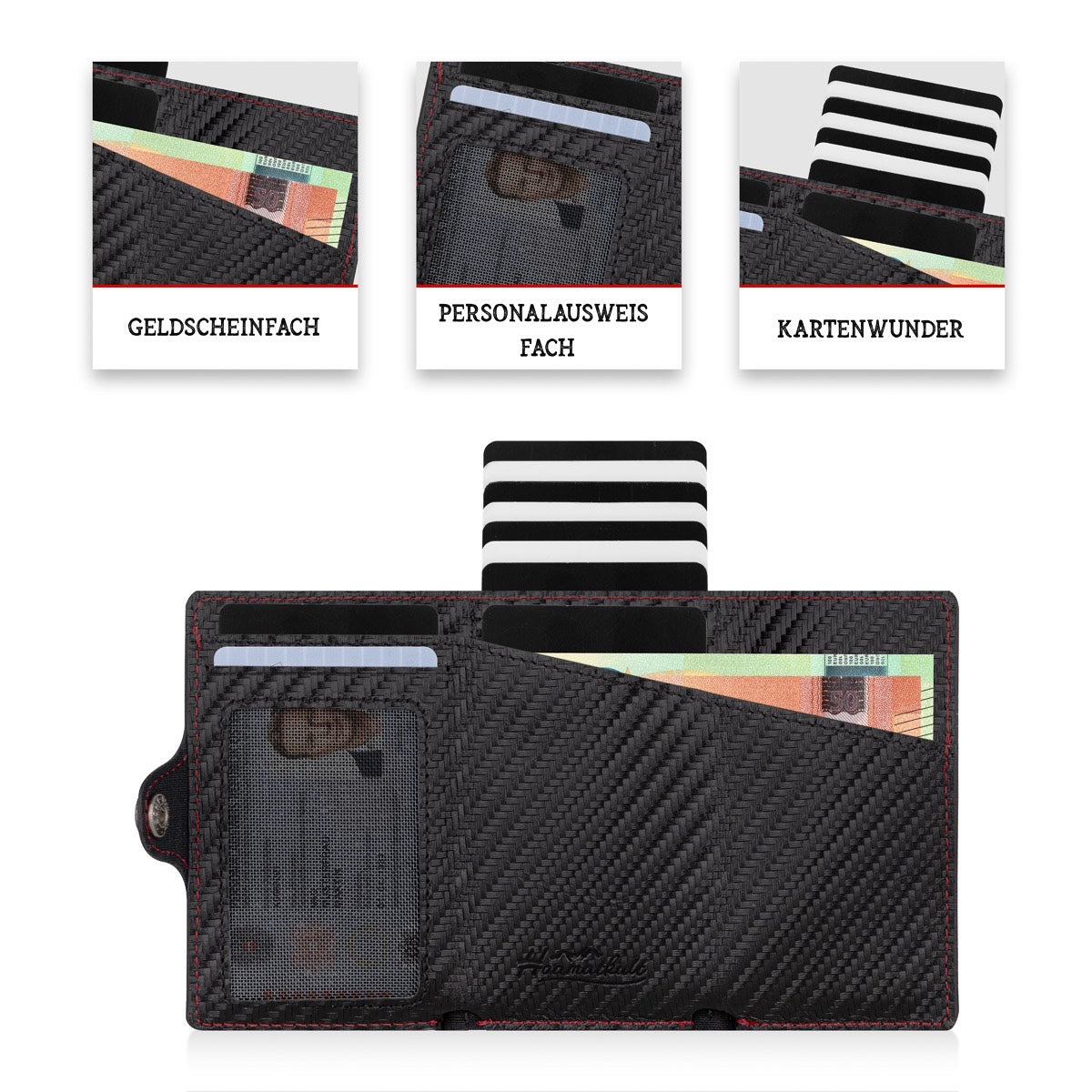 Adler Smart Wallet Trifold mit Karten-Pop-Up Funktion aus Echtleder - Carbon Schwarz