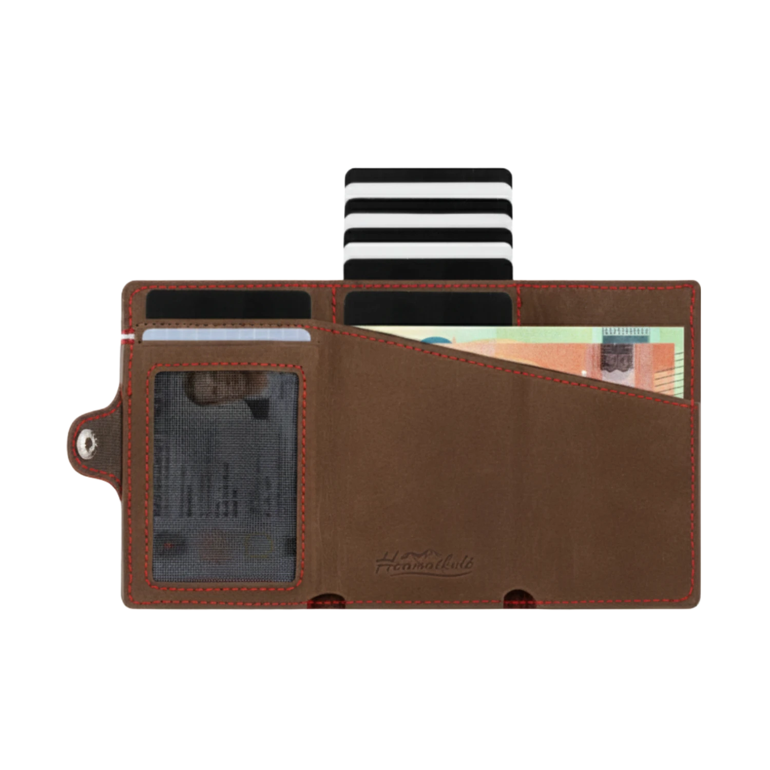Adler Smart Wallet Trifold mit Karten-Pop-Up Funktion aus Echtleder - Vintage Braun Rot Kontrast