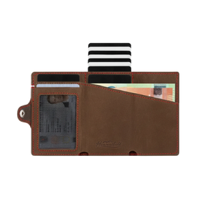Adler Smart Wallet Trifold mit Karten-Pop-Up Funktion aus Echtleder - Vintage Braun Rot Kontrast