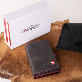 Österreich Smart Wallet Trifold mit Karten-Pop-Up Funktion aus Echtleder - Schwarz