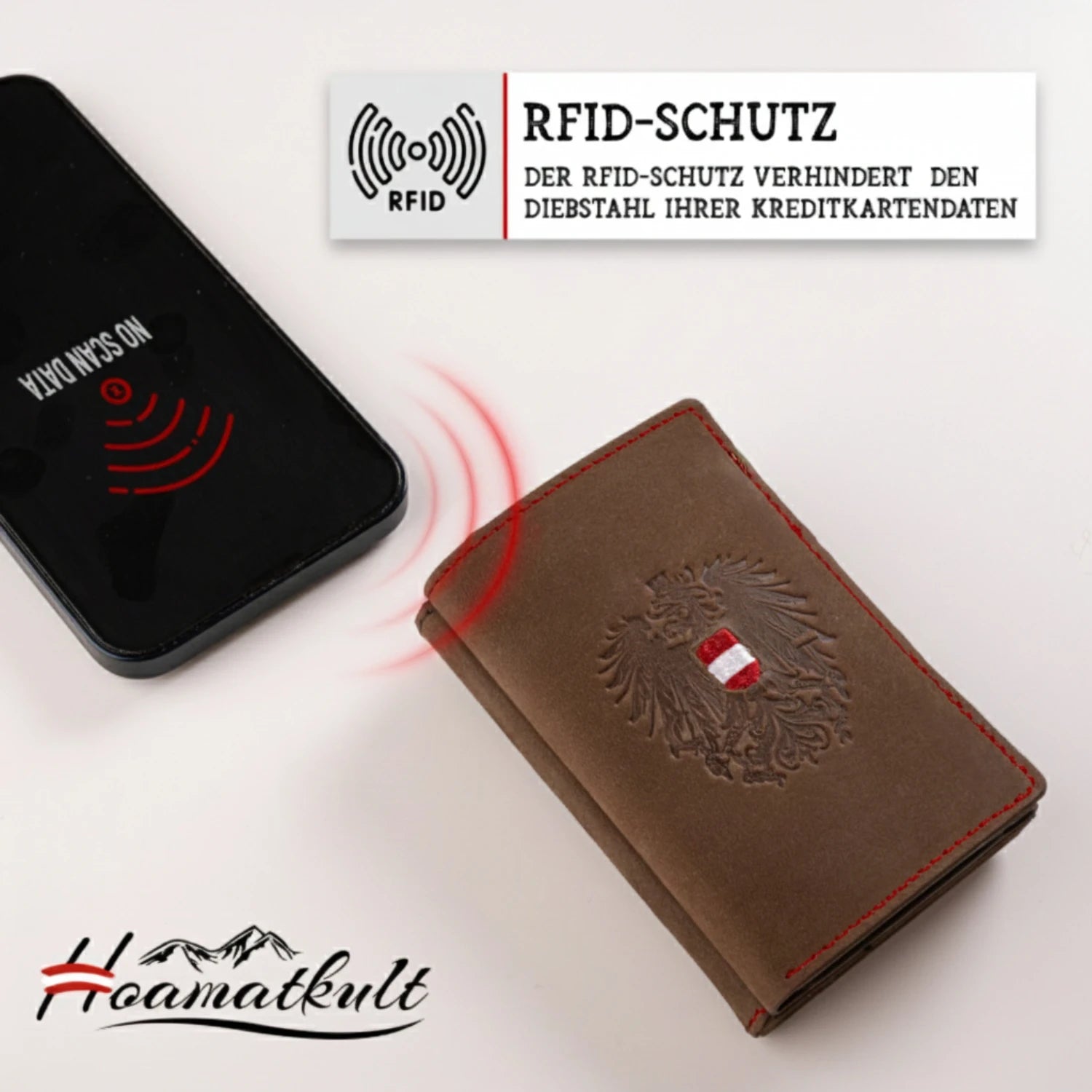 Adler Smart Wallet Trifold mit Karten-Pop-Up Funktion aus Echtleder - Vintage Braun Rot Kontrast