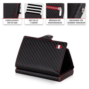 Österreich Smart Wallet Trifold mit Karten-Pop-Up Funktion aus Echtleder - Carbon Schwarz