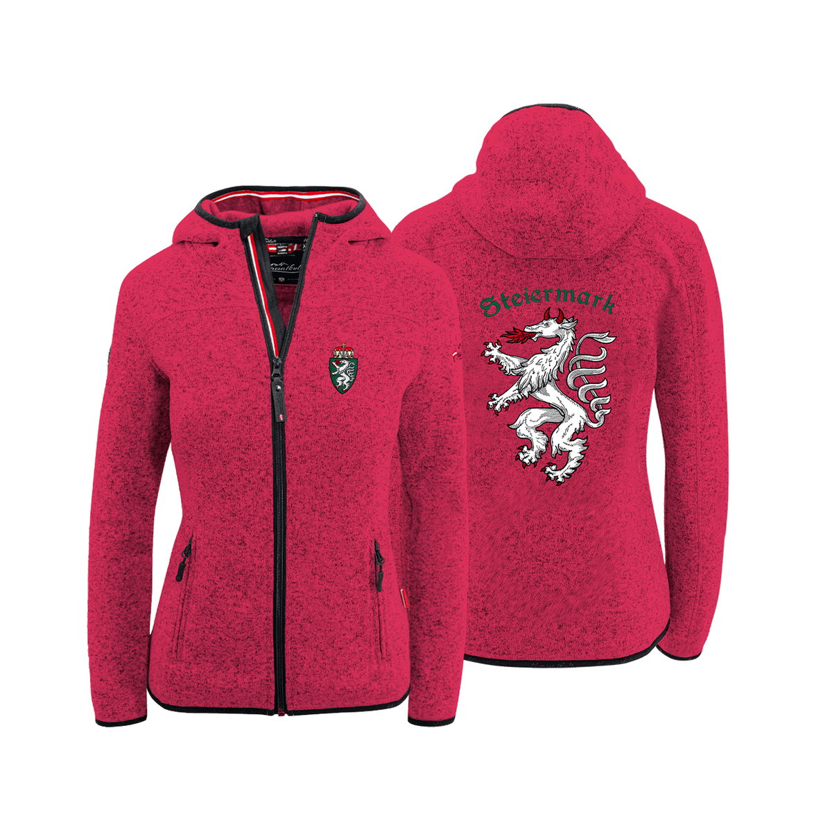 Rote Damen Fleece Jacke mit Kapuze Steiermark Logo #Farbe_Magenta