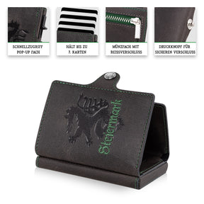 Steiermark Smart Wallet Trifold mit Karten-Pop-Up Funktion aus Echtleder - Schwarz