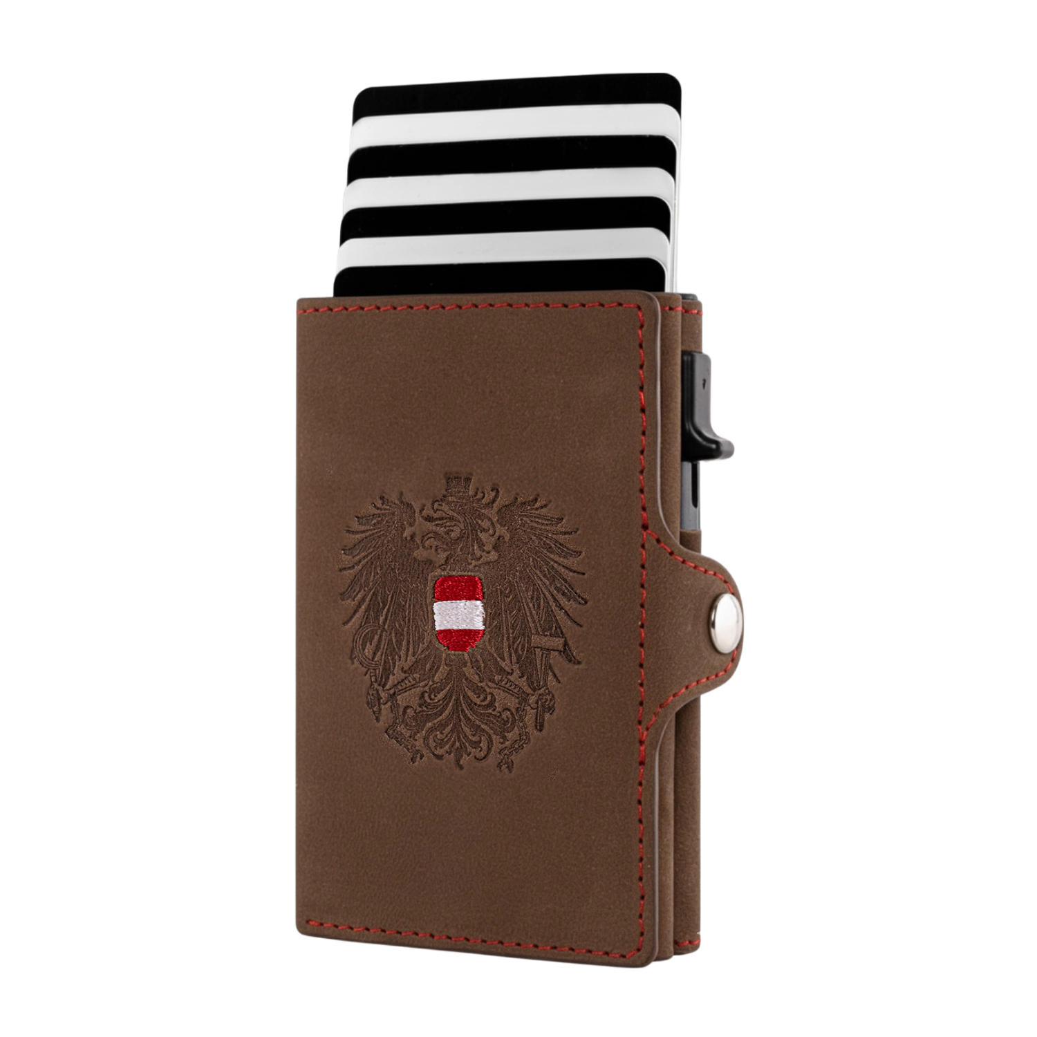 Adler Smart Wallet Trifold mit Karten-Pop-Up Funktion aus Echtleder - Vintage Braun Rot Kontrast