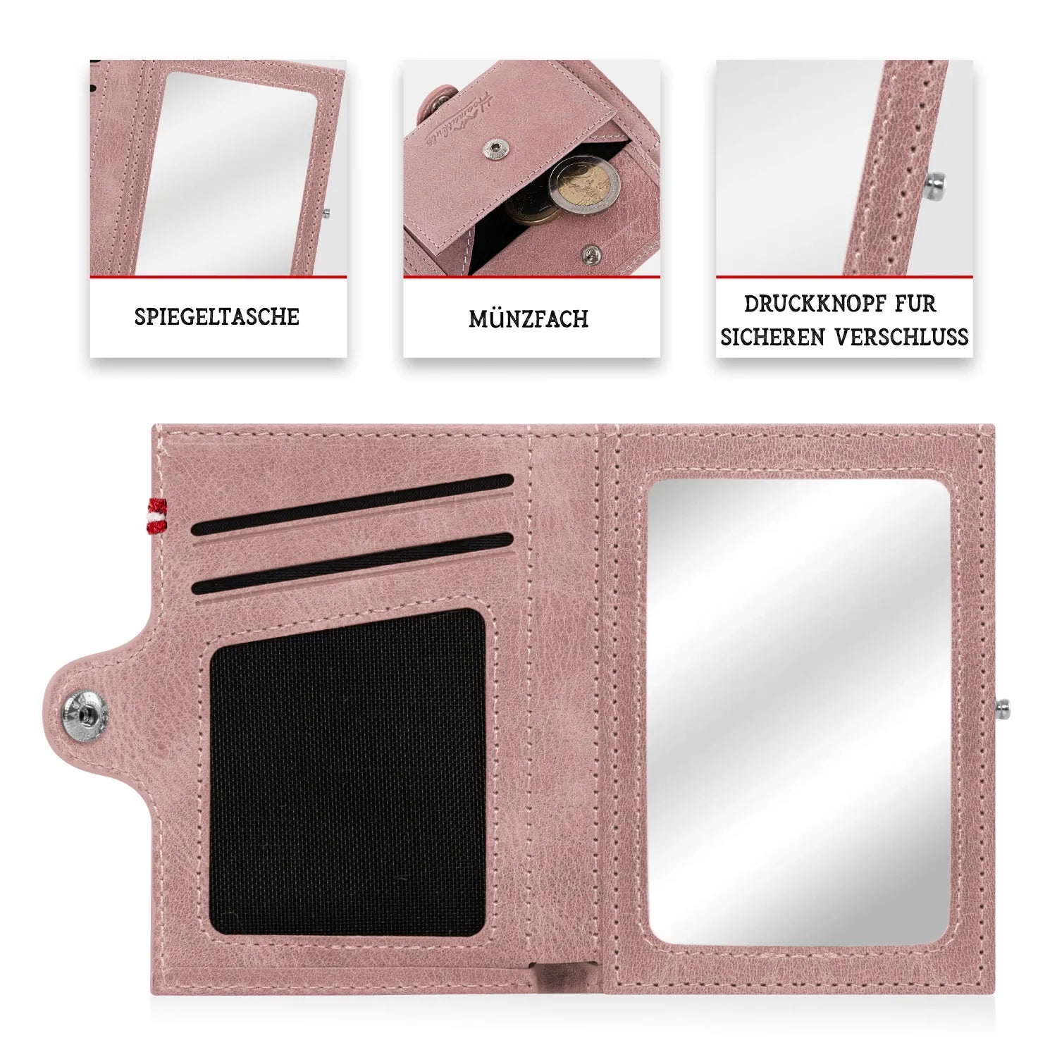 Adler Slim Wallet aus Echtleder mit Spiegel, Münzfach & RFID-Schutz - Altrosa