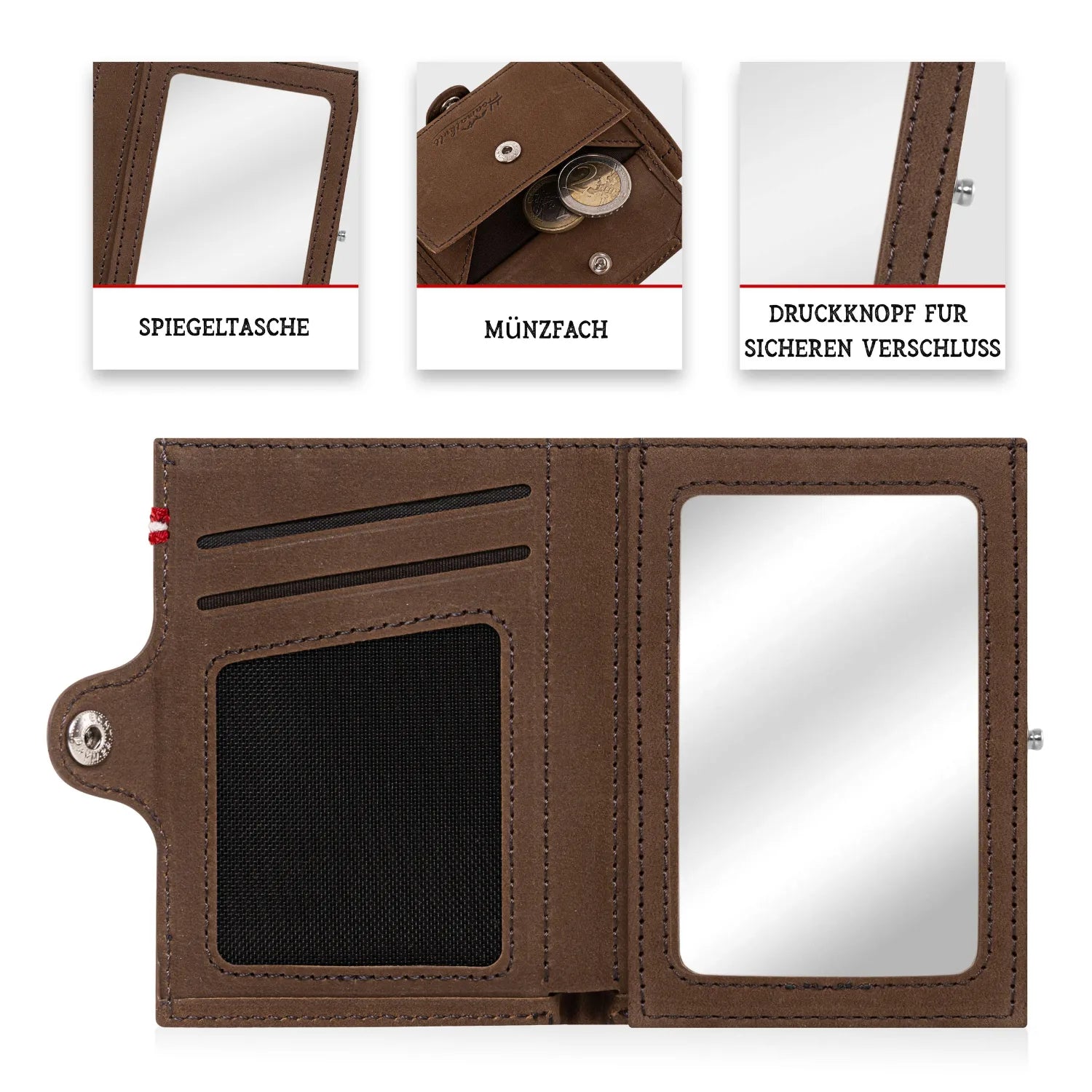 Adler Slim Wallet aus Echtleder mit Spiegel, Münzfach & RFID-Schutz - Vintage Braun