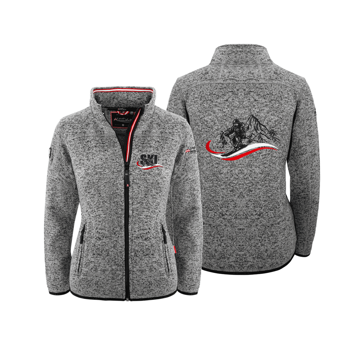 Strickfleece Weste ohne Kapuze dunkelgrau für Damen mit Ski Motiv #Farbe_Dunkelgrau