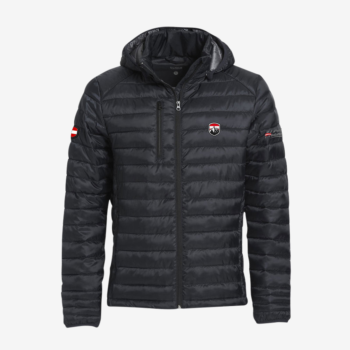 Schwarze Hoamatkult Softshelljacke mit Berg Stickerei  #Farbe_Schwarz
