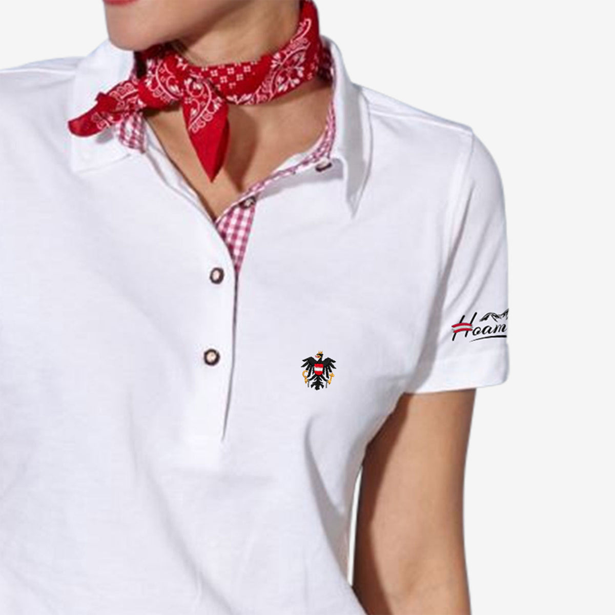 Trachtenpolo mit Österreich Adler #Farbe_Weiss-Rot-Kariert